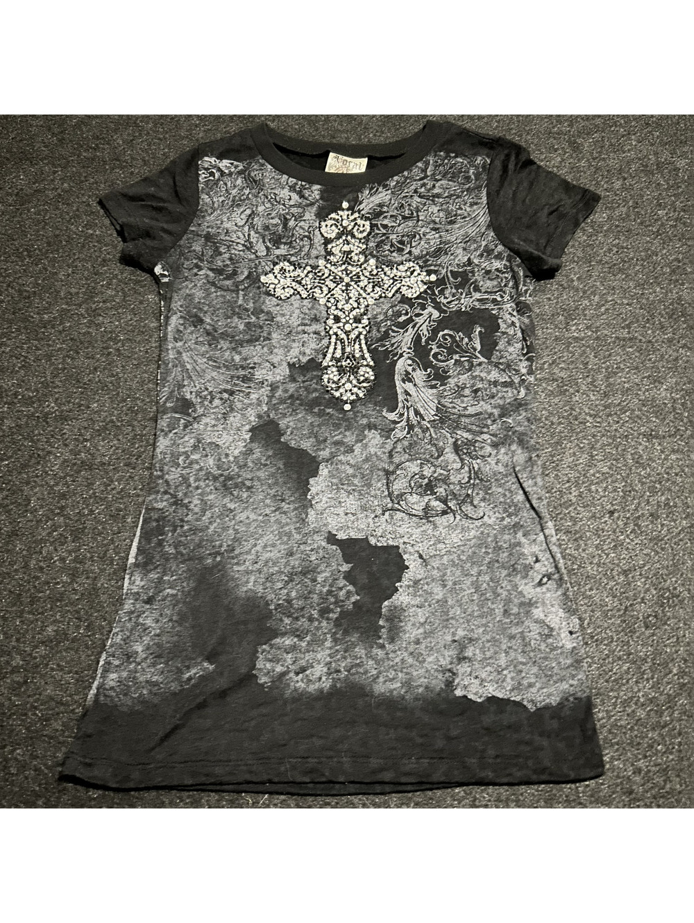 Y2K Vocal Angel Wings Cross Shirt Affliction Style Biker Grunge Graphic Black
